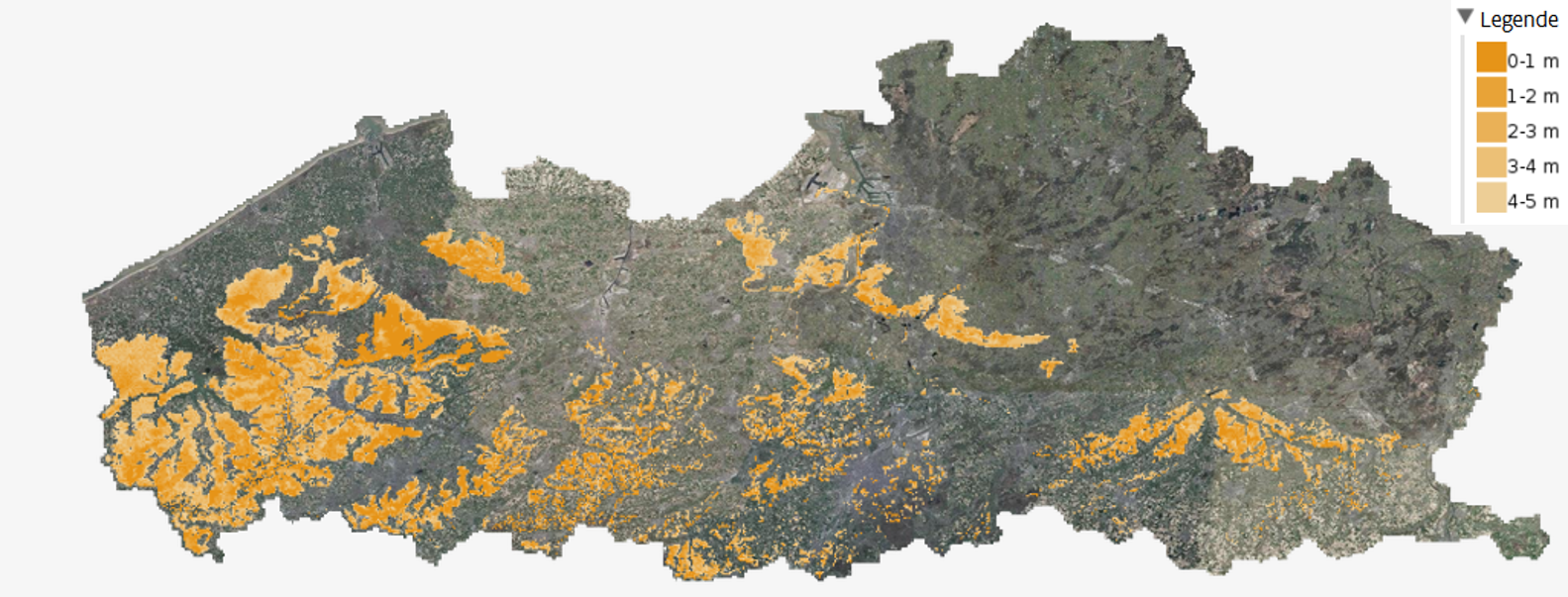 Diepte van de top van de eerste kleiige en/of siltige eenheid van het Neogeen of Paleogeen binnen de 5m onder het maaiveld