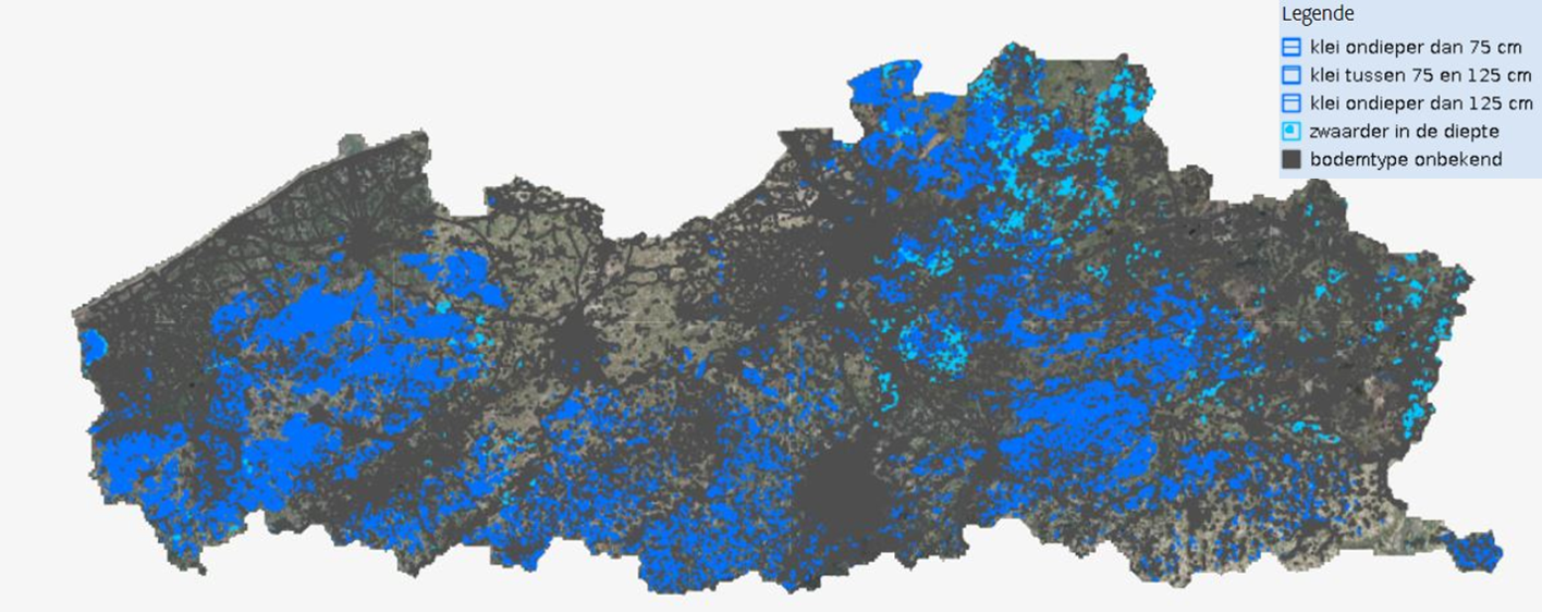 Fig. 2: Voorkomen van klei op een diepte van 20-125cm onder niet-kleibodems (gebaseerd op de Bodemkaart)