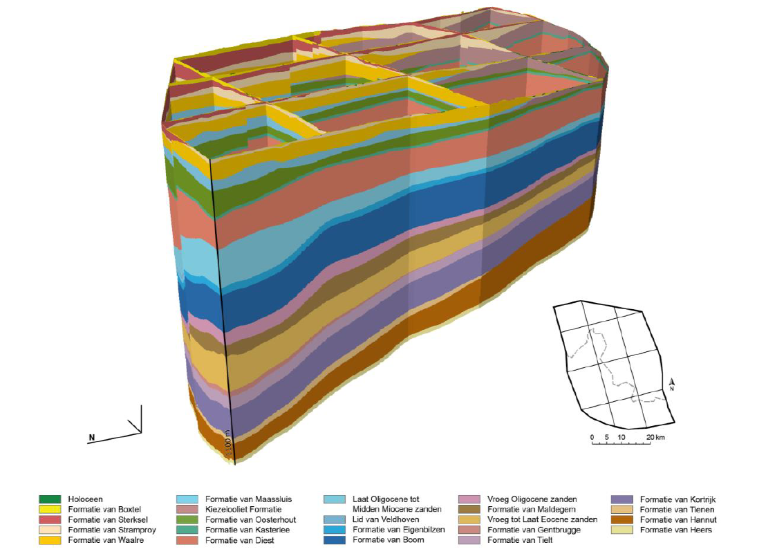 Fencediagram van geologisch model H3O-de Kempen