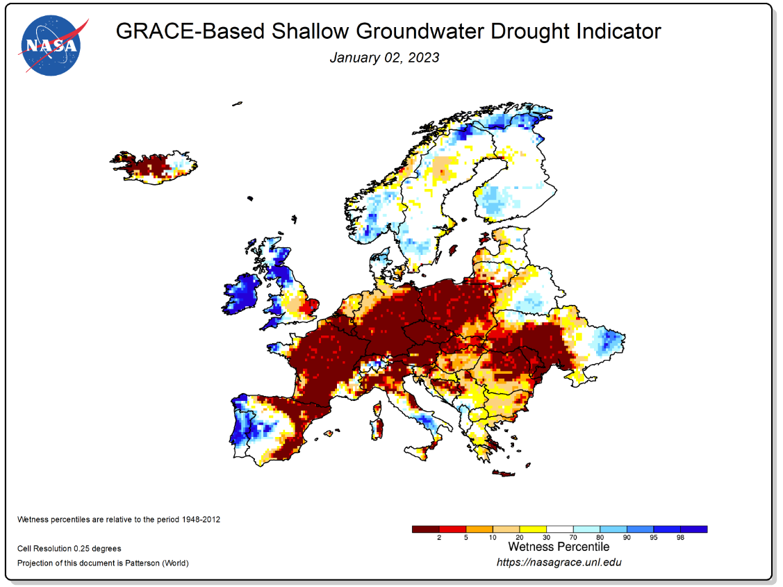 Figuur 3: Oppervlakkige grondwaterdroogte-indicator van NASA voor Europa op 2/01/2023, gebaseerd op GRACEFO Data (beschikbaar op https://nasagrace.unl.edu, geconsulteerd op 5/01/2023)