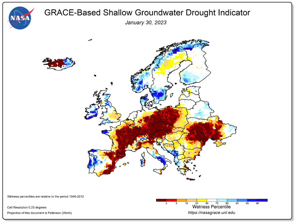 Figuur 3: Oppervlakkige grondwaterdroogte-indicator van NASA voor Europa op 30/01/2023, gebaseerd op GRACEFO Data (beschikbaar op https://nasagrace.unl.edu, geconsulteerd op 6/02/2023)