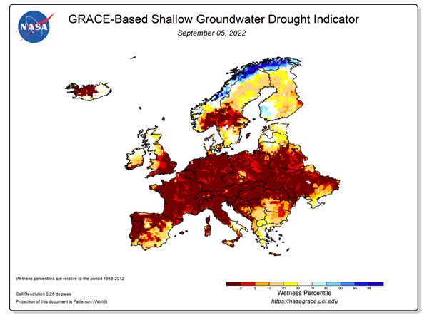 Figuur 11: Oppervlakkige grondwaterdroogte-indicator van NASA voor Europa op 5/09/2022, gebaseerd op GRACEFO Data (beschikbaar op https://nasagrace.unl.edu, geconsulteerd op 6/9/2022)