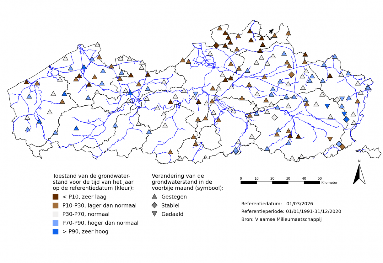 Huidige grondwaterstandsveranderingen en relatieve situering van de huidige freatische grondwaterstand.