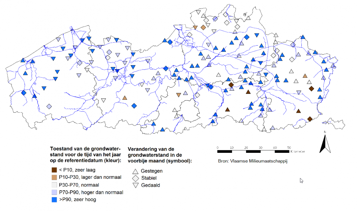 Huidige toestand voor de tijd van het jaar, met verandering van grondwaterstand ten opzichte van vorige maand