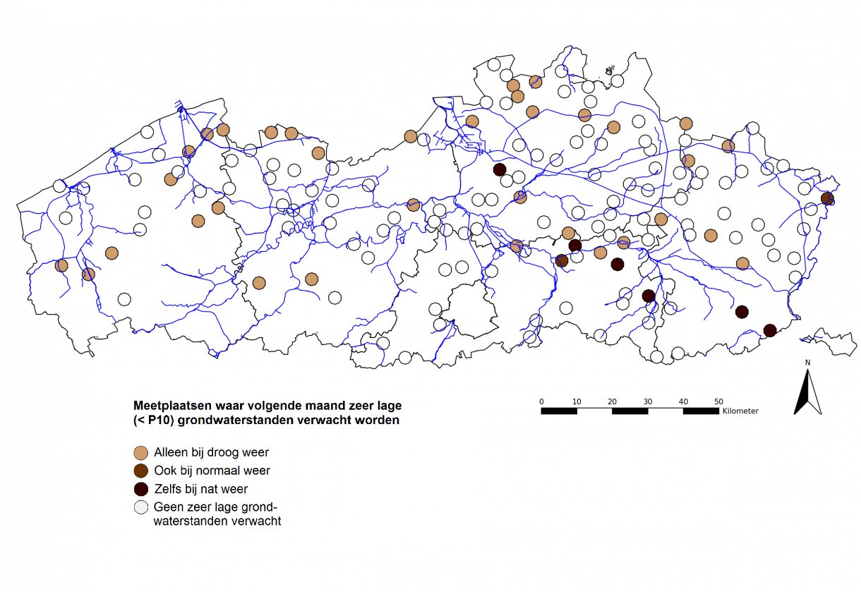 Figuur 6: Meetplaatsen waar volgende maand zowel relatief als absoluut zeer lage (<P10) freatische grondwaterstanden worden verwacht.