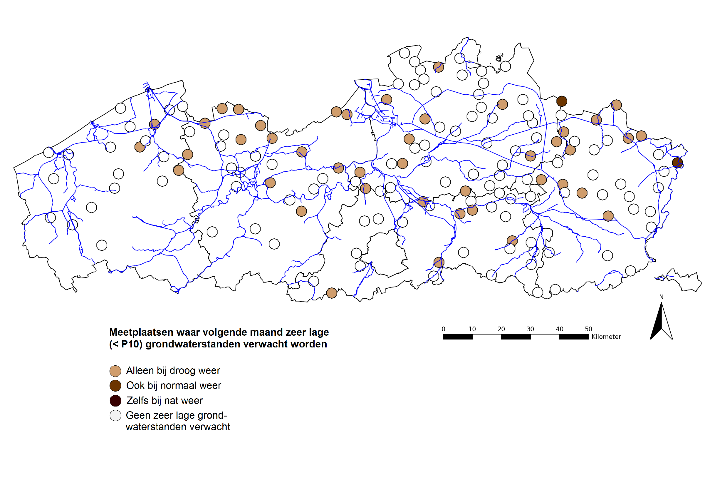 Figuur 4: Overzichtskaart: locaties waar volgende maand zeer lage (< P10) grondwaterstanden worden verwacht