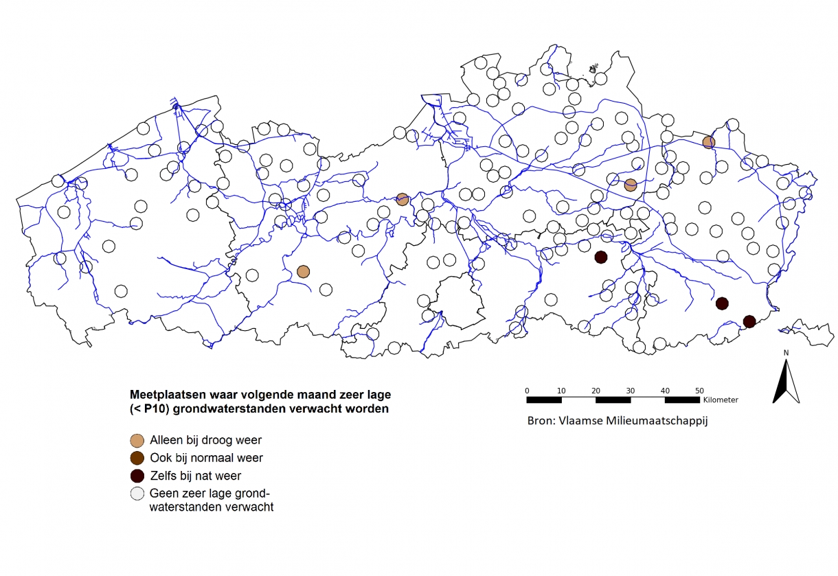 Figuur 14: Meetplaatsen waar volgende maand zowel relatief als absoluut zeer lage (<P10) freatische grondwaterstanden worden verwacht.