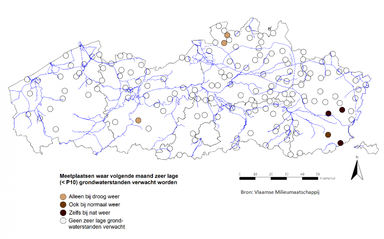 Voorspelling locaties met gelijktijdig zeer lage absolute en relatieve grondwaterstanden volgende maand in functie van verschillende weerscenario's