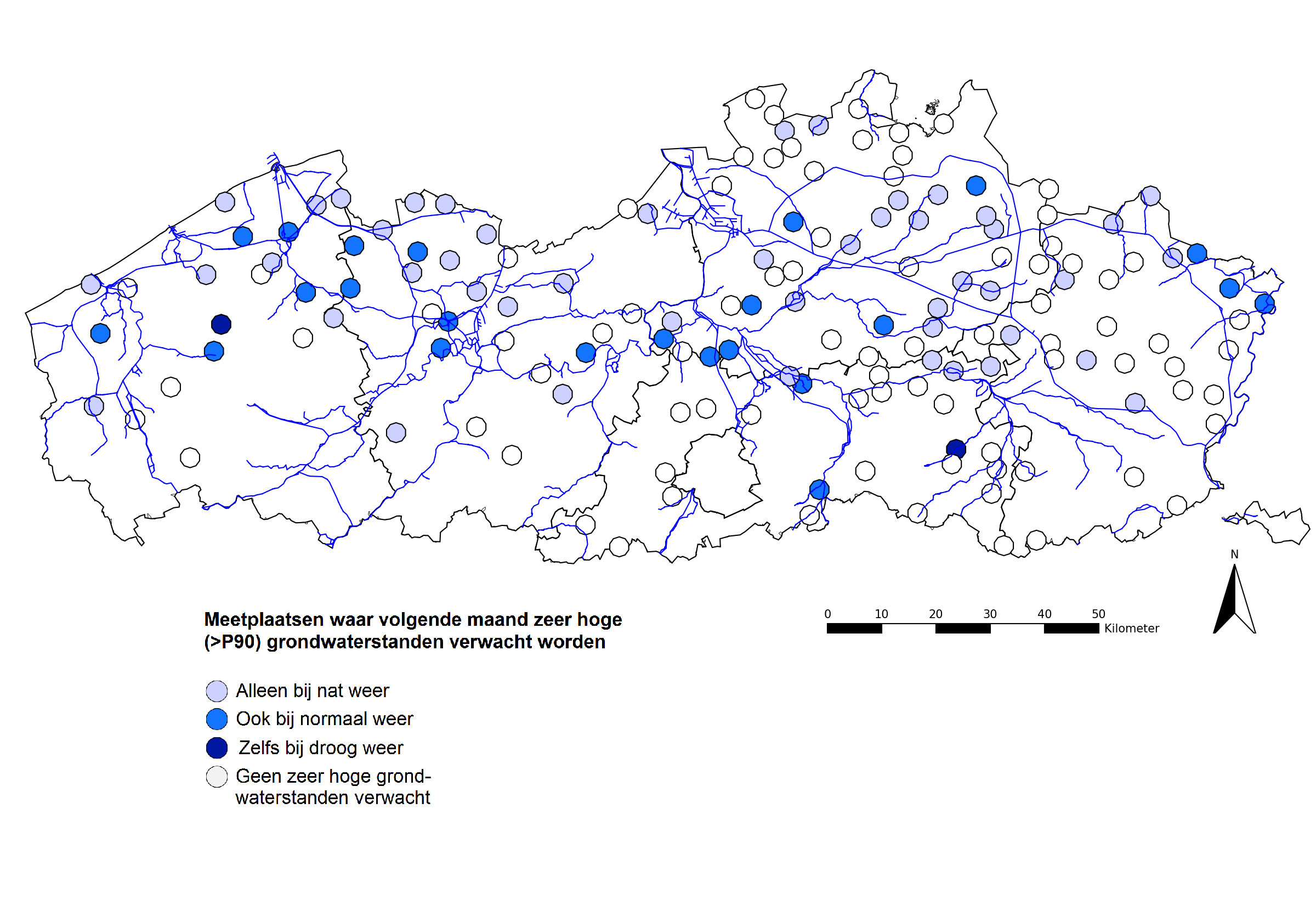 Meetplaatsen waar volgende maand zeer hoge (>P90) grondwaterstanden worden verwacht. 