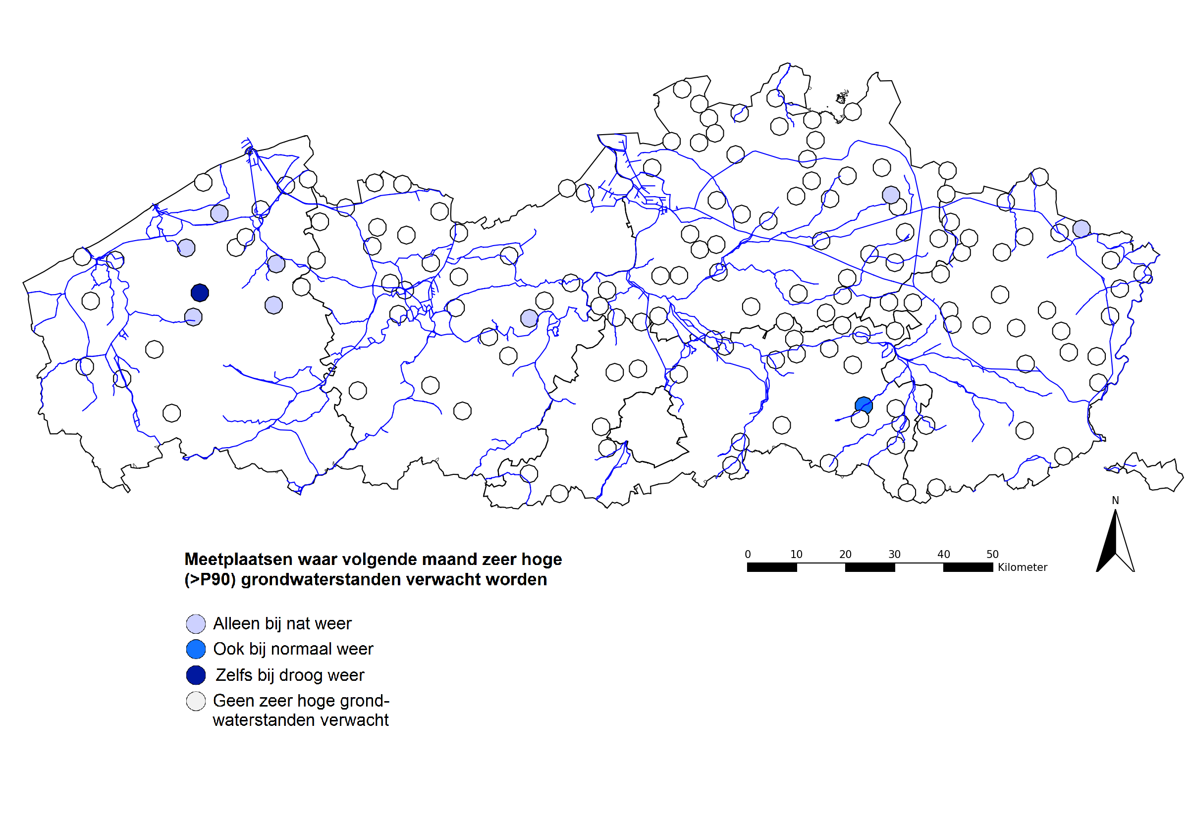 Meetplaatsen waar volgende maand zeer hoge (>P90) grondwaterstanden worden verwacht. 