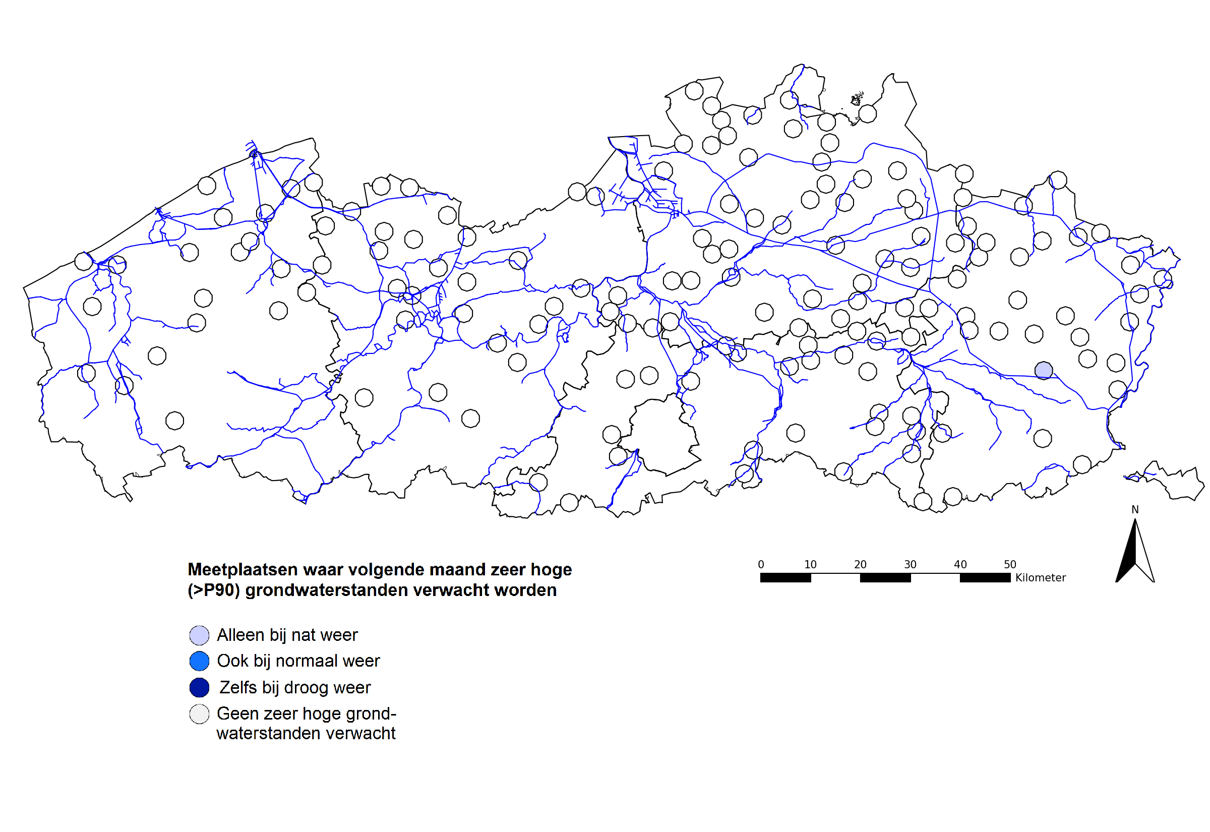 Locaties waar volgende maand zowel met de relatieve als met de absolute vergelijking zeer hoge (>P90) grondwaterstanden worden verwacht