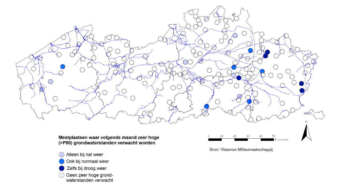 Figuur 6: Meetplaatsen waar volgende maand absoluut én relatief zeer hoge (>P90) freatische grondwaterstanden worden verwacht.