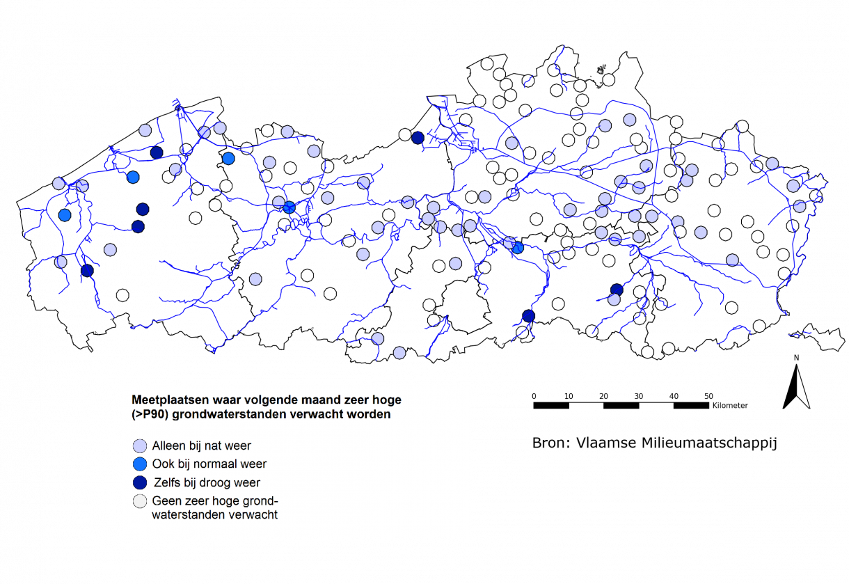 Figuur 6: Meetplaatsen waar volgende maand absoluut én relatief zeer hoge (>P90) freatische grondwaterstanden worden verwacht.