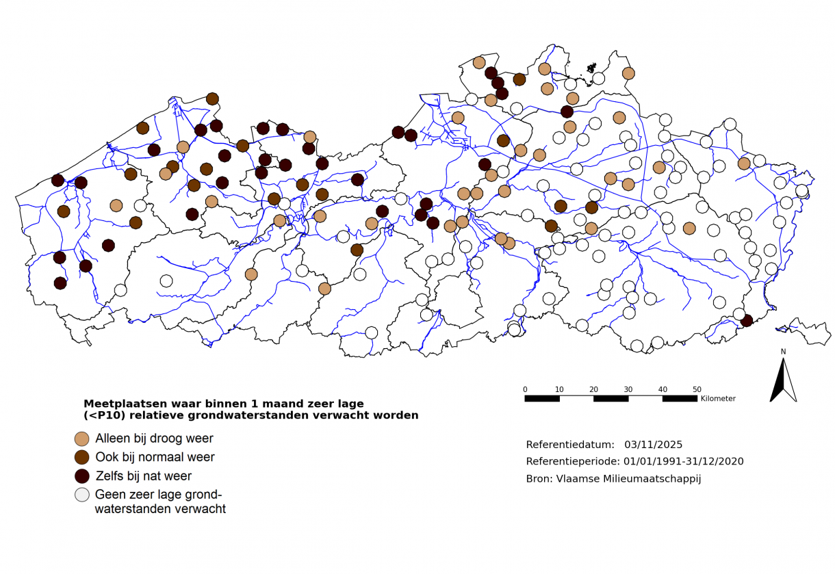 Figuur 7: Meetplaatsen waar volgende maand zeer lage (<P10) freatische grondwaterstanden voor de tijd van het jaar verwacht worden.