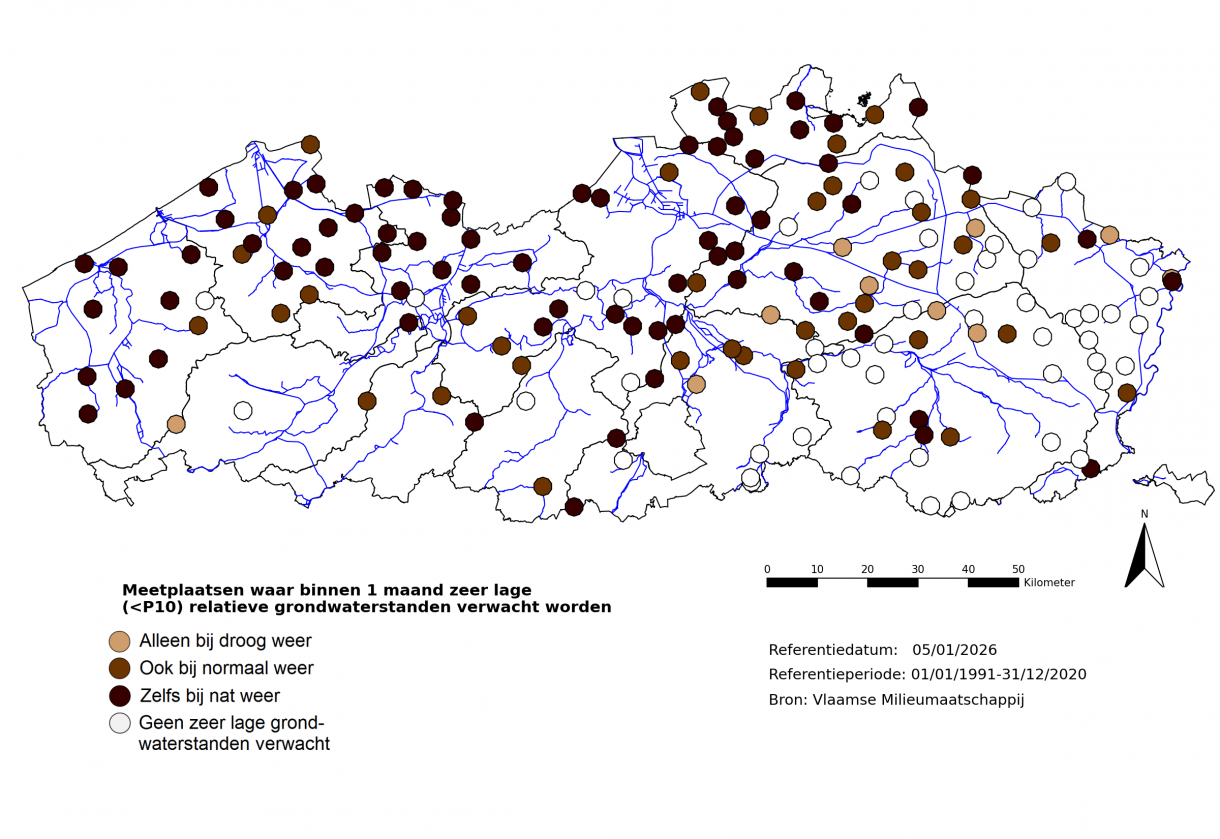 Meetplaatsen waar volgende maand zeer lage (<P10) freatische grondwaterstanden voor de tijd van het jaar verwacht worden.