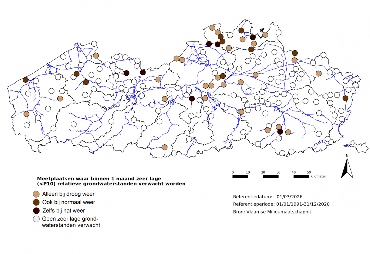 Figuur 13: Meetplaatsen waar volgende maand zeer lage (<P10) freatische grondwaterstanden voor de tijd van het jaar verwacht worden.