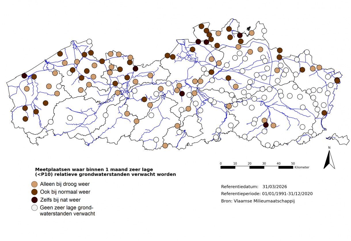 Meetplaatsen waar volgende maand zeer lage (<P10) freatische grondwaterstanden voor de tijd van het jaar verwacht worden.
