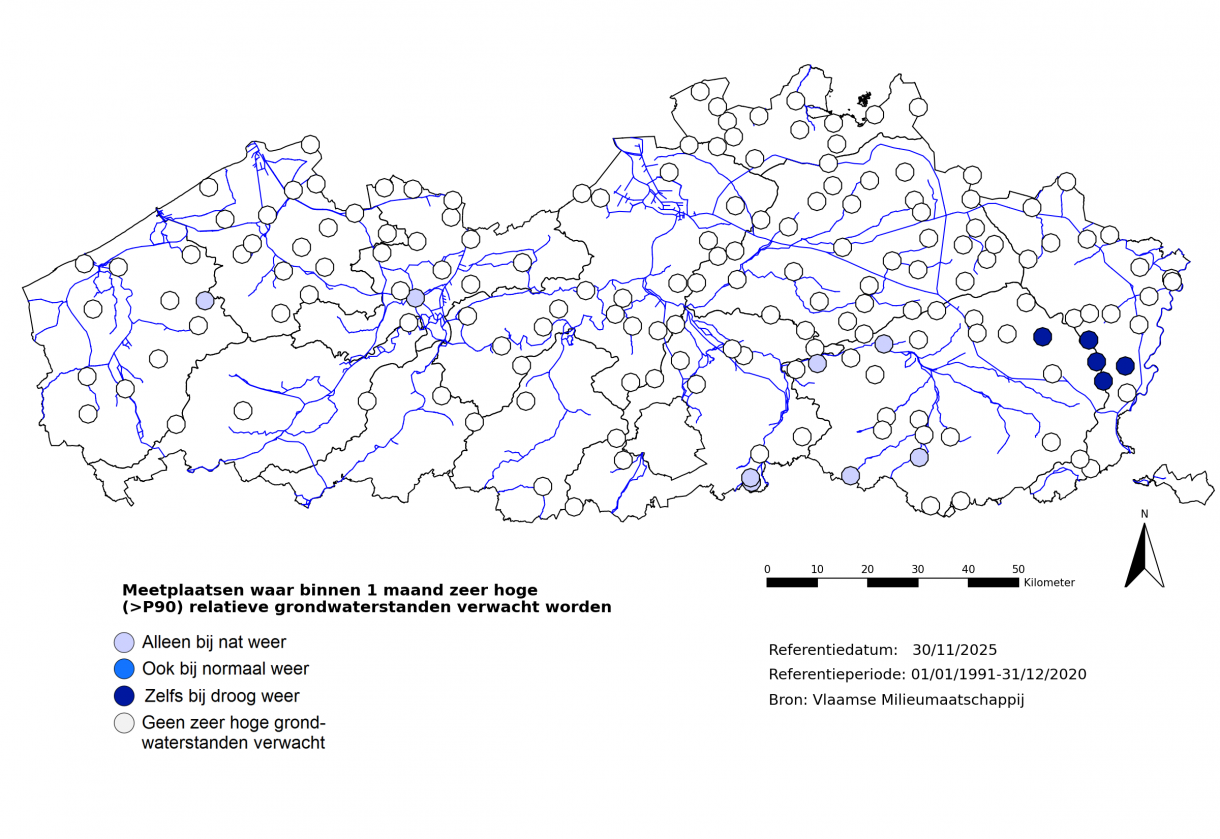 Meetplaatsen waar volgende maand zeer hoge (>P90) freatische grondwaterstanden voor de tijd van het jaar verwacht worden.
