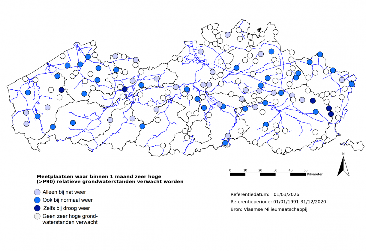Meetplaatsen waar volgende maand zeer hoge (>P90) freatische grondwaterstanden voor de tijd van het jaar verwacht worden.
