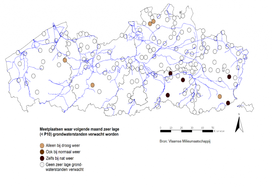 Voorspelling locaties met gelijktijdig zeer lage absolute en relatieve grondwaterstanden volgende maand in functie van verschillende weerscenario's