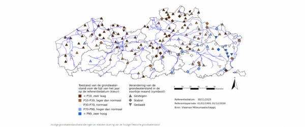 Huidige grondwaterstandsveranderingen en relatieve situering van de huidige freatische grondwaterstand.